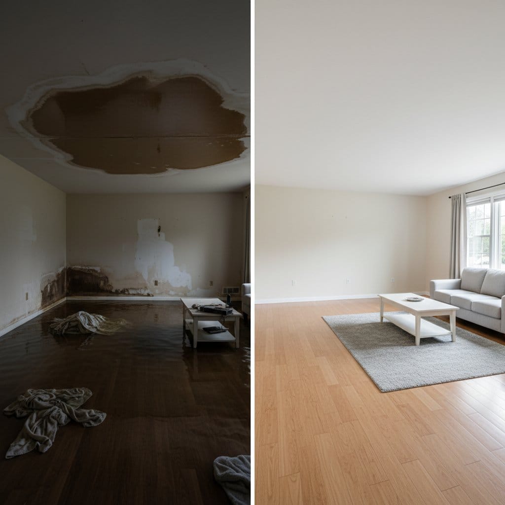 Emergency Water Removal before and after in living room, Saddle River NJ