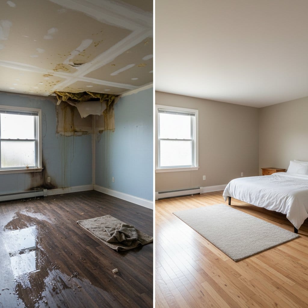 Before and after emergency water removal in Saddle River two-story residence bedroom