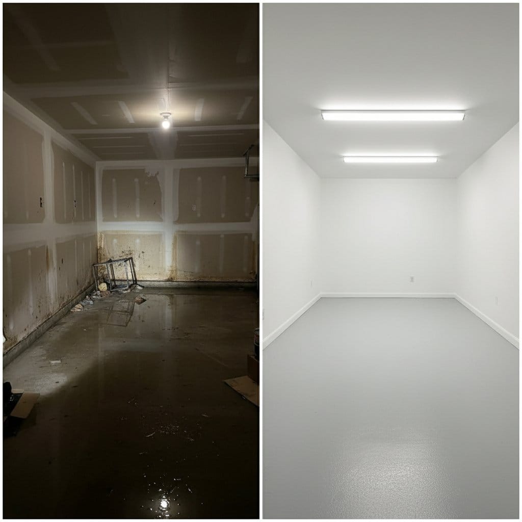 Basement Flood Cleanup before and after in garage, Saddle River NJ