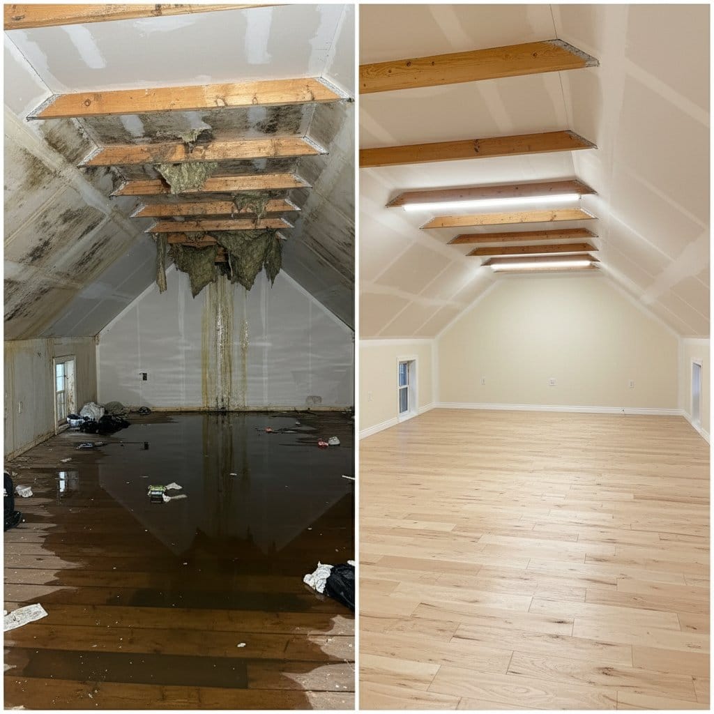Before and after basement flood cleanup in Saddle River commercial property attic space