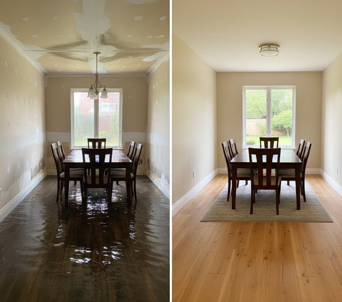 Before and after burst pipe & plumbing leak damage in Saddle River bungalow dining room