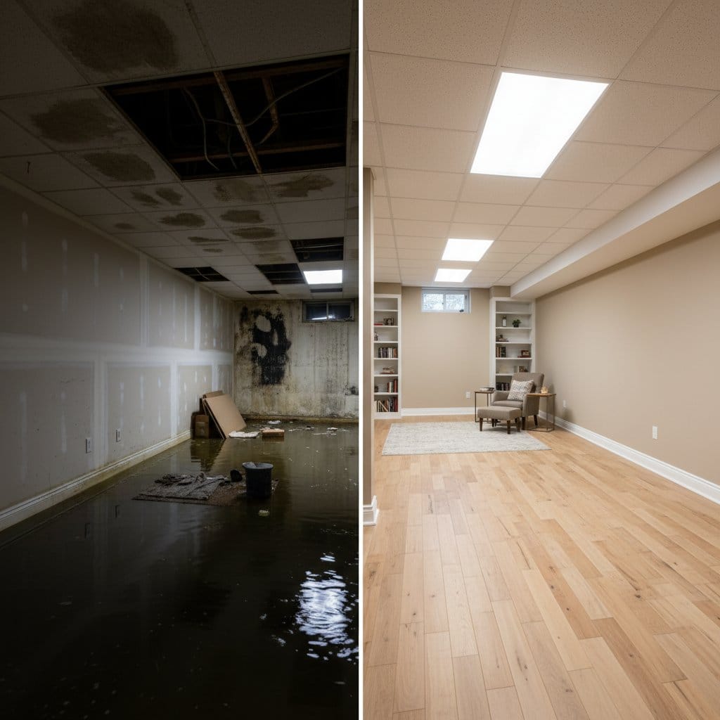 Storm & Roof Leak Water Damage before and after in finished basement, Saddle River NJ