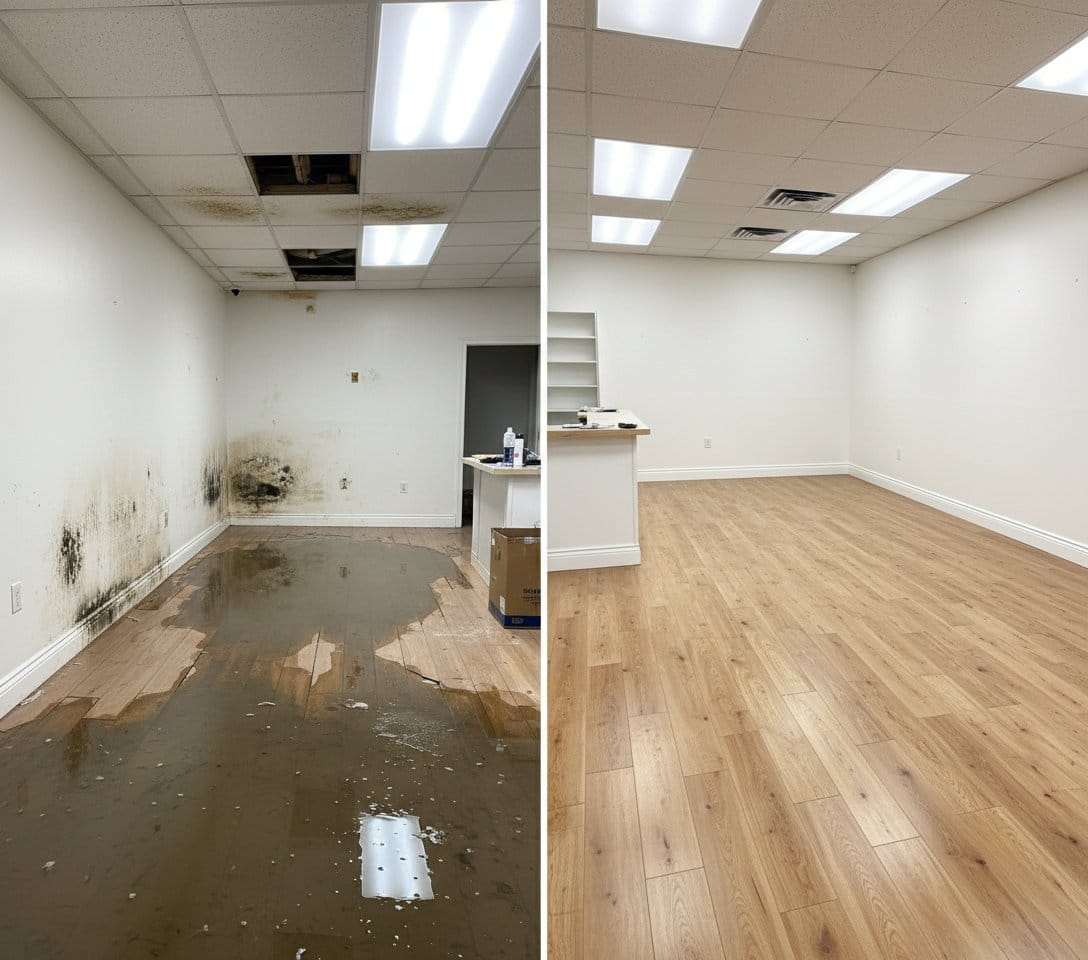 Before and after storm & roof leak water damage in Saddle River Cape Cod house storefront interior