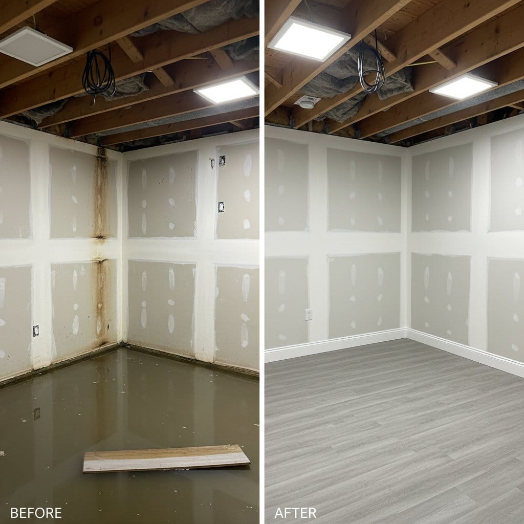 Sewage Backup Cleanup before and after in residential basement, Saddle River NJ