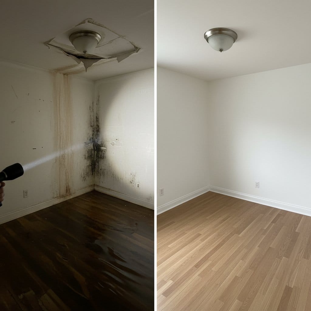 Before and after sewage backup cleanup in Saddle River private residence bathroom