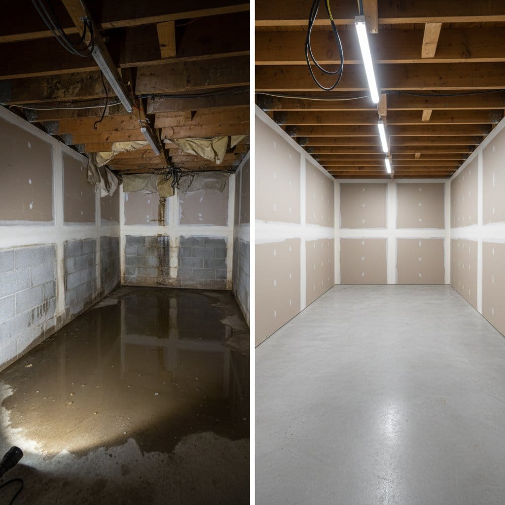 Carpet & Flooring Water Damage Cleanup restoration — crawl space of bungalow in Saddle River, NJ