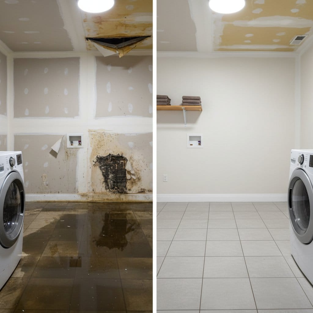 Wall & Ceiling Dry-Out restoration — laundry room of Cape Cod house in Saddle River, NJ
