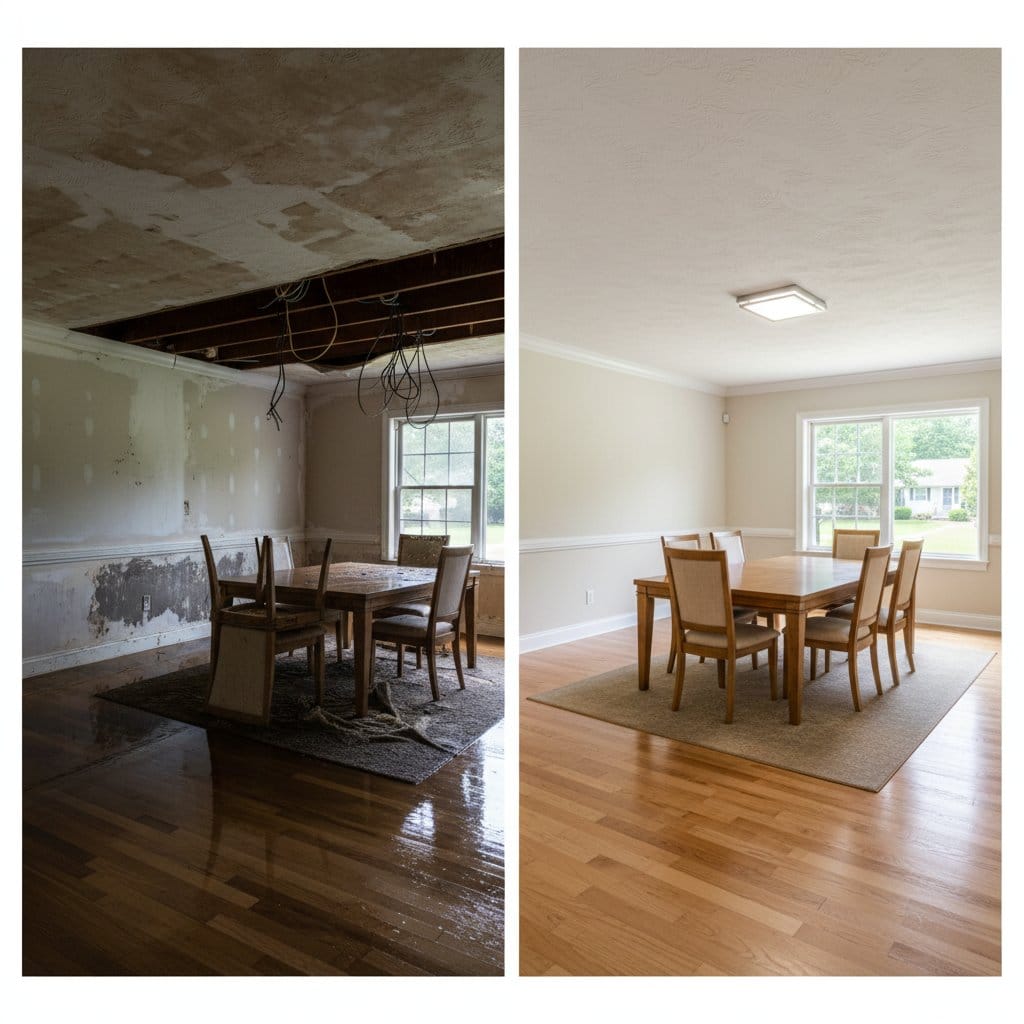 Before and after wall & ceiling dry-out in Saddle River ranch-style home dining room