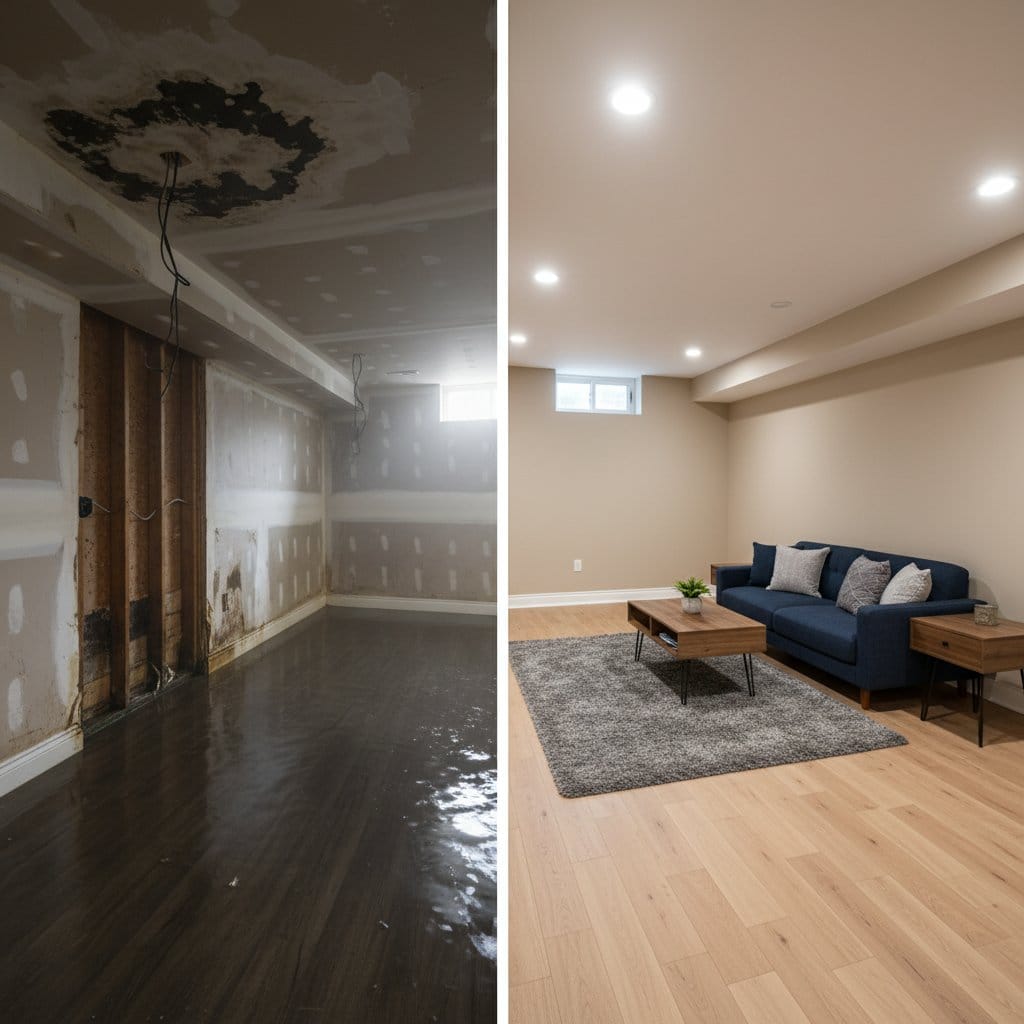 Content Drying & Property Cleanup before and after in finished basement, Saddle River NJ