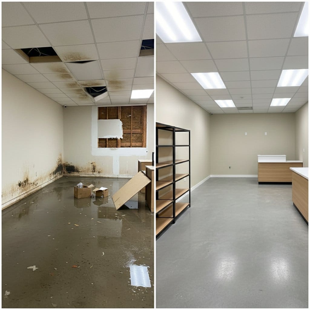 Before and after content drying & property cleanup in Saddle River townhouse storefront interior