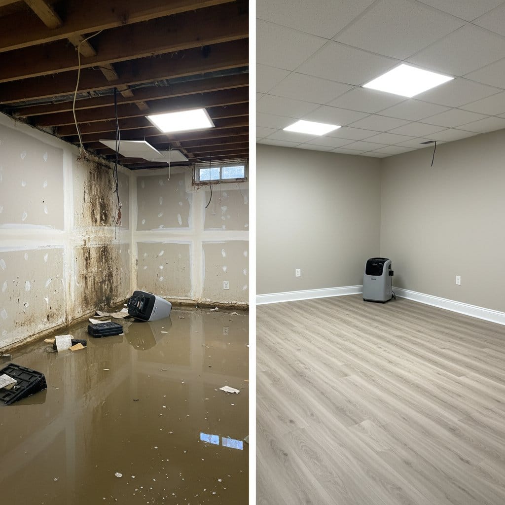 Mold Prevention After Water Damage before and after in residential basement, Saddle River NJ