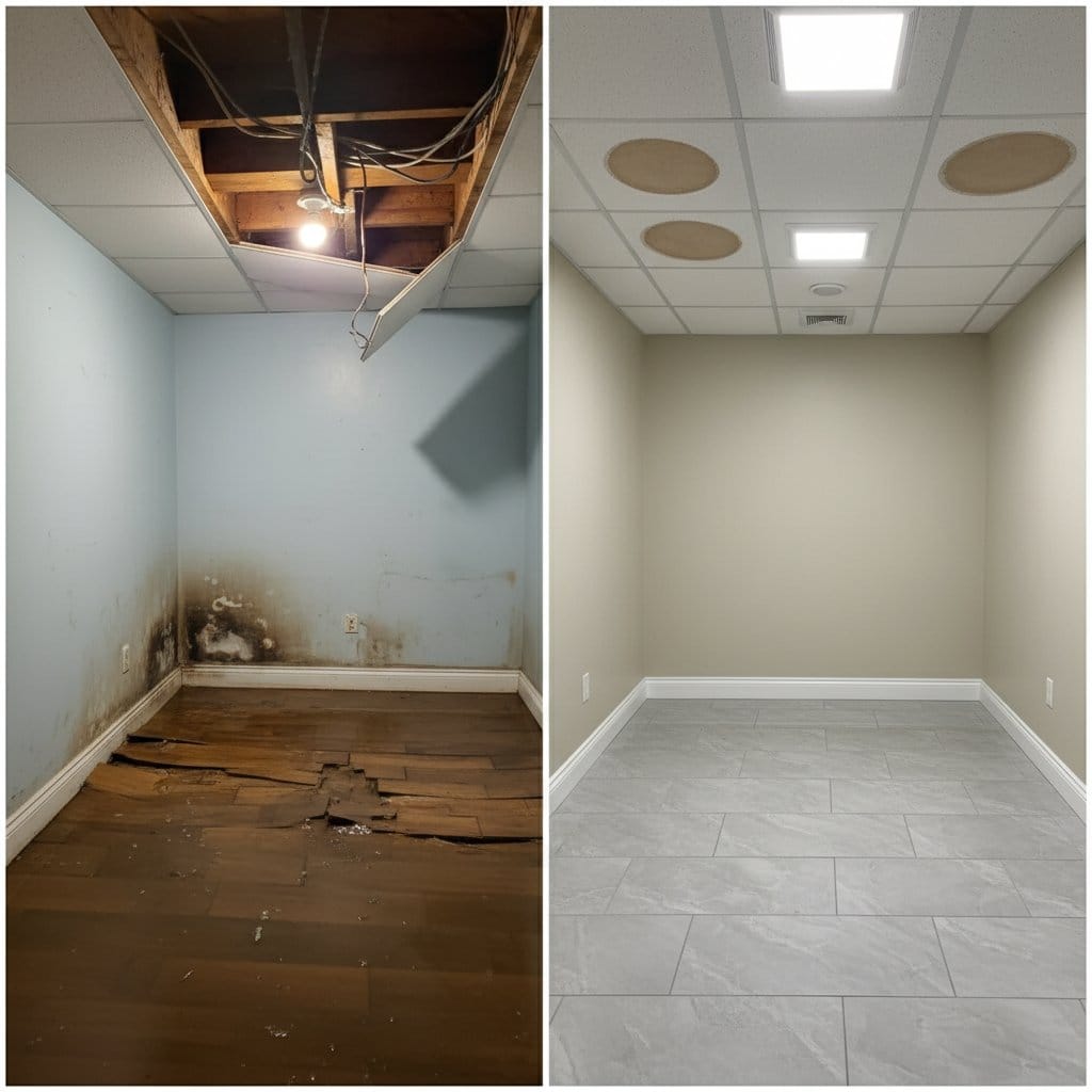 Before and after mold prevention after water damage in Saddle River Victorian home bathroom
