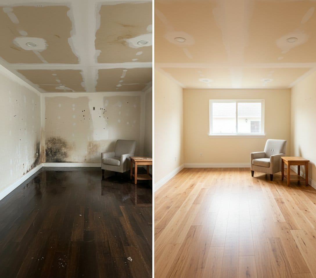 Saddle River Water Damage Restoration living room restoration before and after in Saddle River